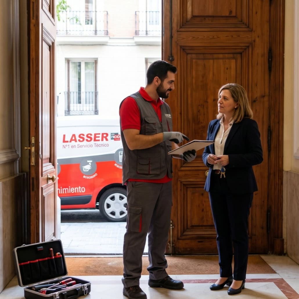 Técnico de lasser insalación ofreciendo mantenimiento en comunidad