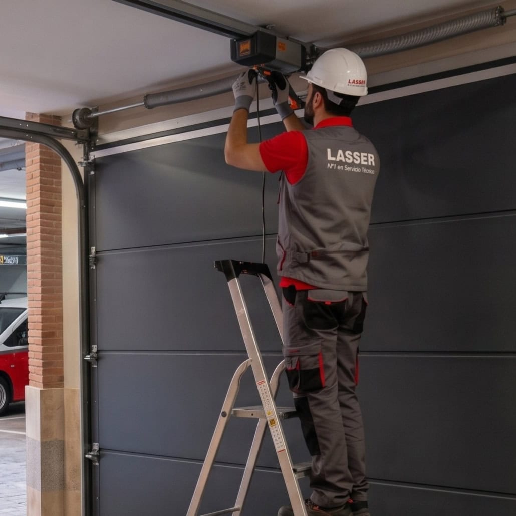 técnico de lasser instalando puerta automática en garaje en madrid centro cuadrada