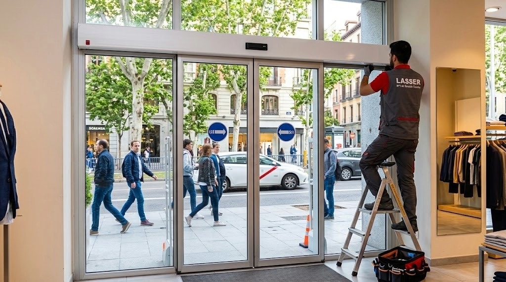 técnico instalando puerta automática en local comercial madrid centro