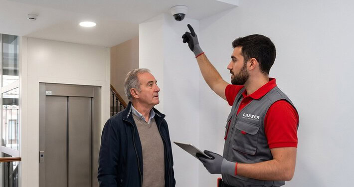 tecnico-lasser-camara-portal-comunidad-vecinos-Cámaras de seguridad para comunidades en Madrid (Generado por IA)