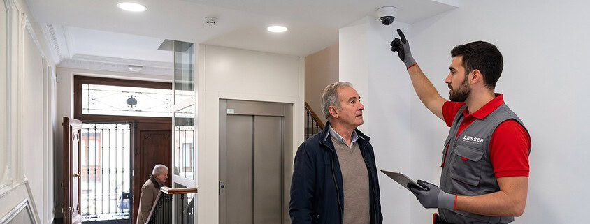 tecnico-lasser-camara-portal-comunidad-vecinos-Cámaras de seguridad para comunidades en Madrid (Generado por IA)
