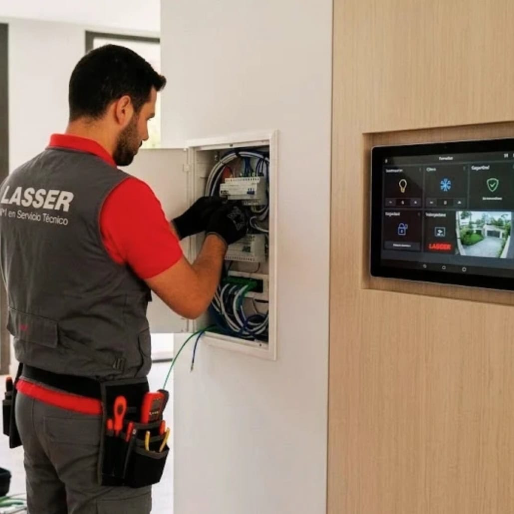 técnico lasser instalando domótica y sistema de seguridad editada