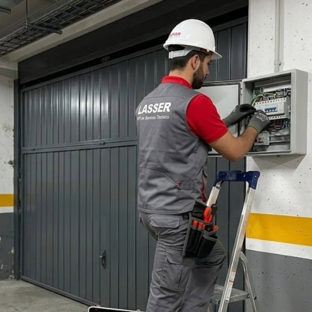 técnico lasser revisando instalación puerta automática centro madrid cuadrada